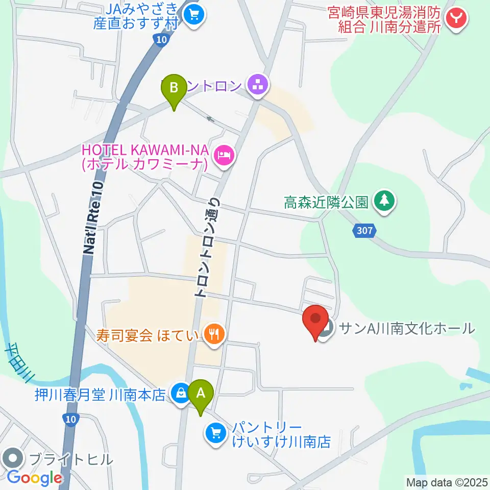 サンA川南文化ホール（川南町文化ホール） 周辺のカフェ一覧マップ