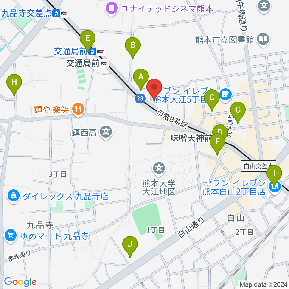 セブンカラーズアーティスト熊本校周辺のカフェ一覧地図