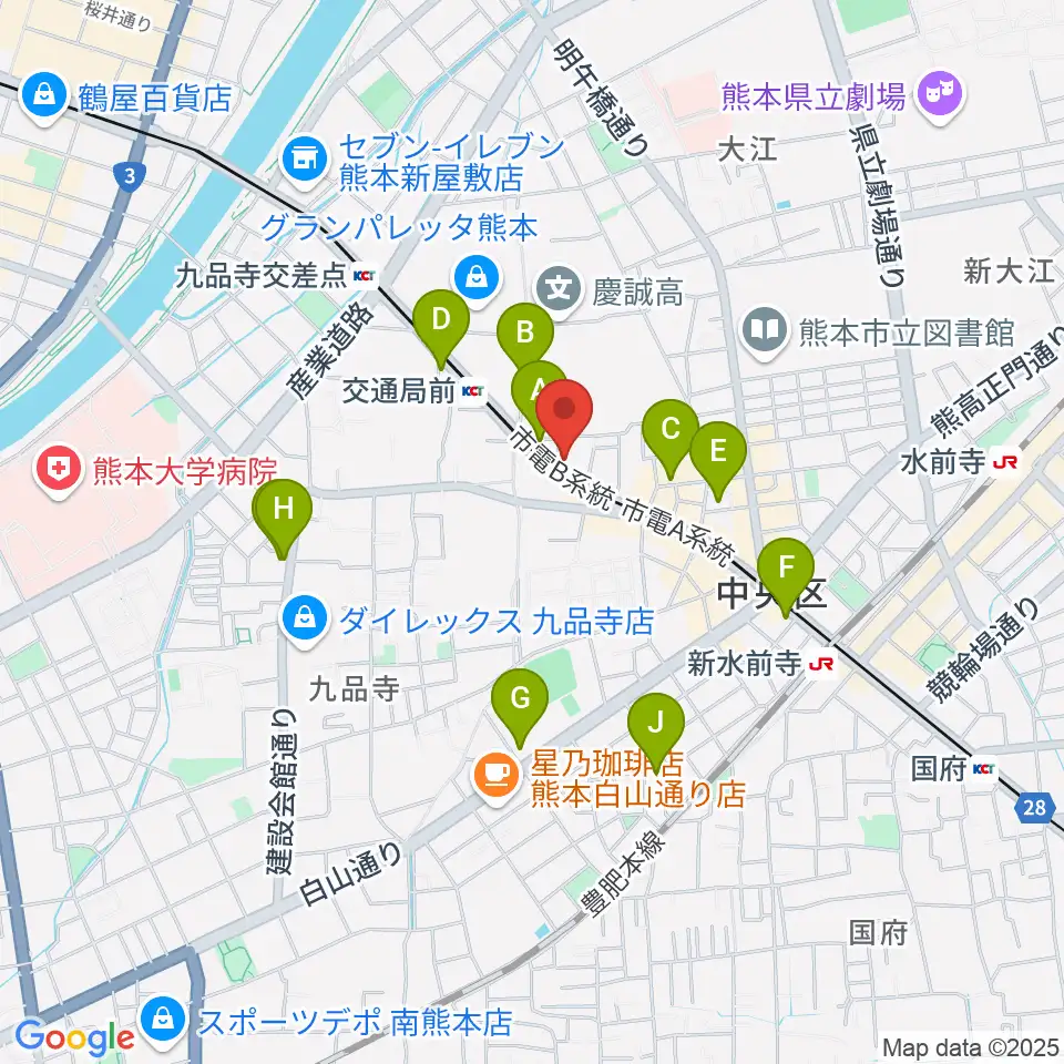 セブンカラーズアーティスト熊本校周辺のカフェ一覧地図
