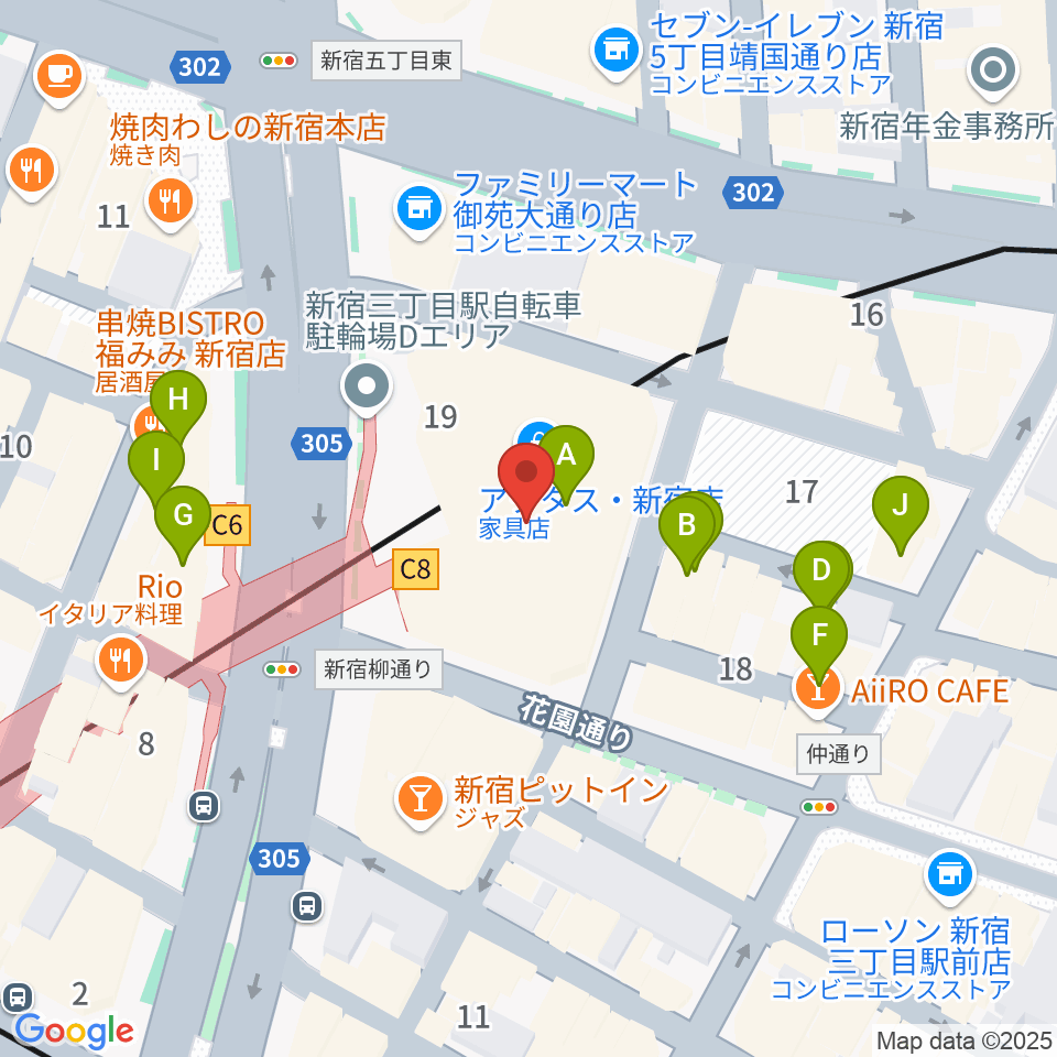 ミュージックアベニュー新宿クラッセ周辺のカフェ一覧地図