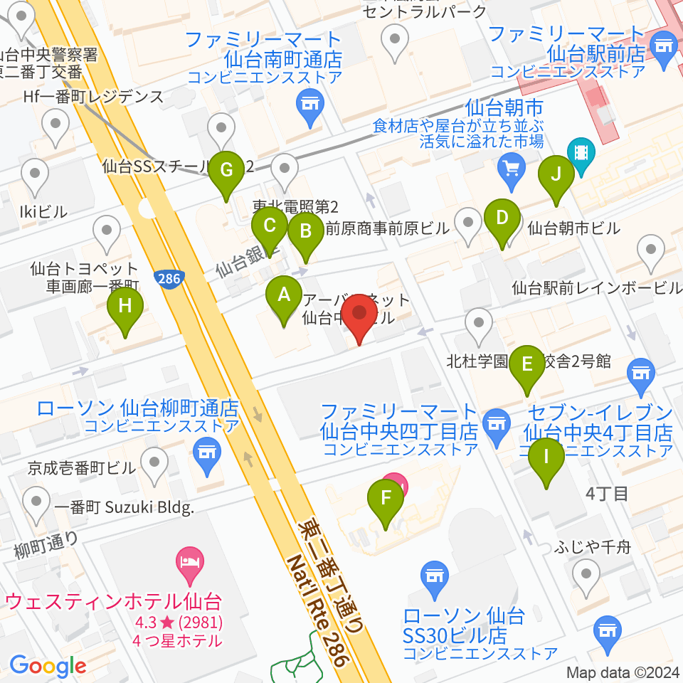 仙台中央音楽センター周辺のカフェ一覧地図
