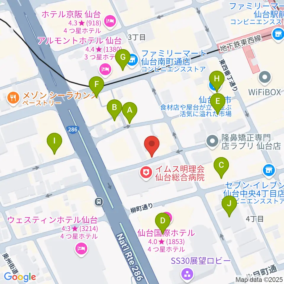 仙台中央音楽センター周辺のカフェ一覧地図