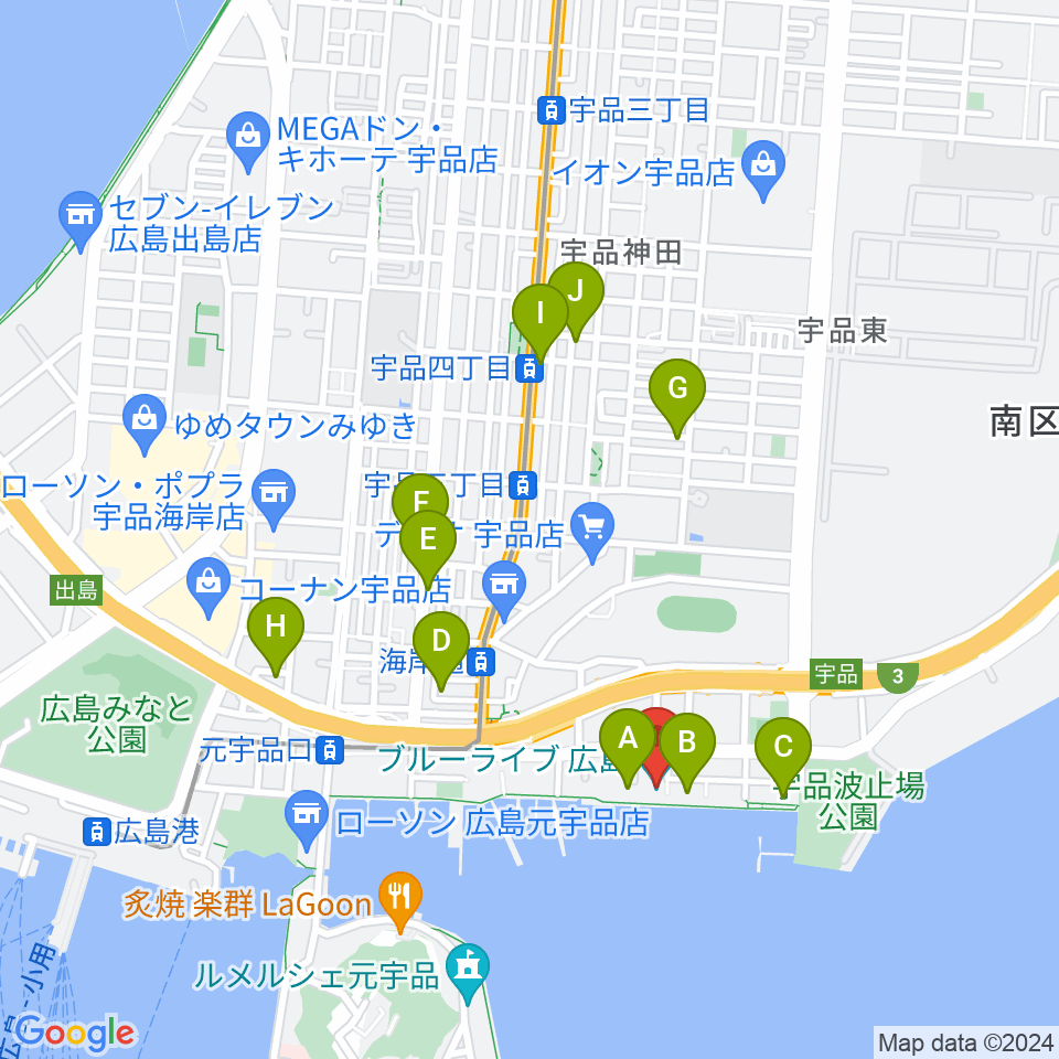 ブルーライブ広島周辺のカフェ一覧地図