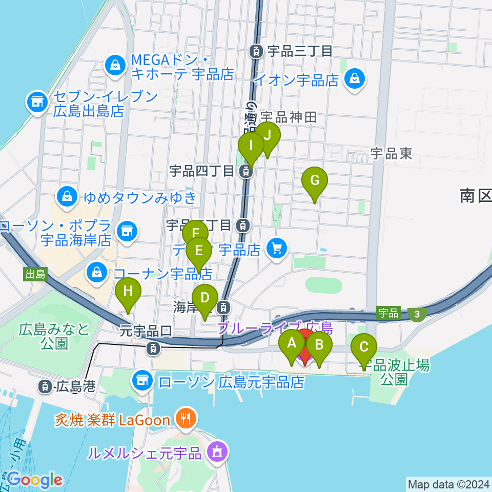 ブルーライブ広島周辺のカフェ一覧地図