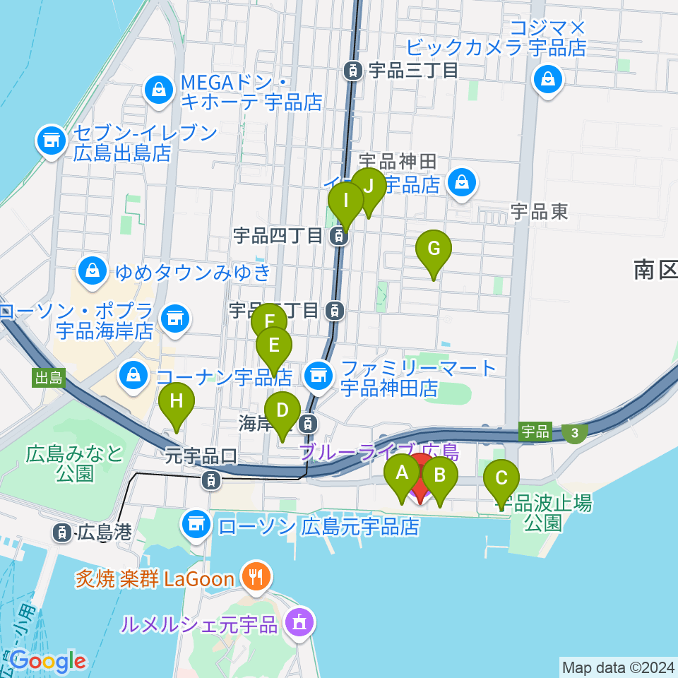 ブルーライブ広島周辺のカフェ一覧地図