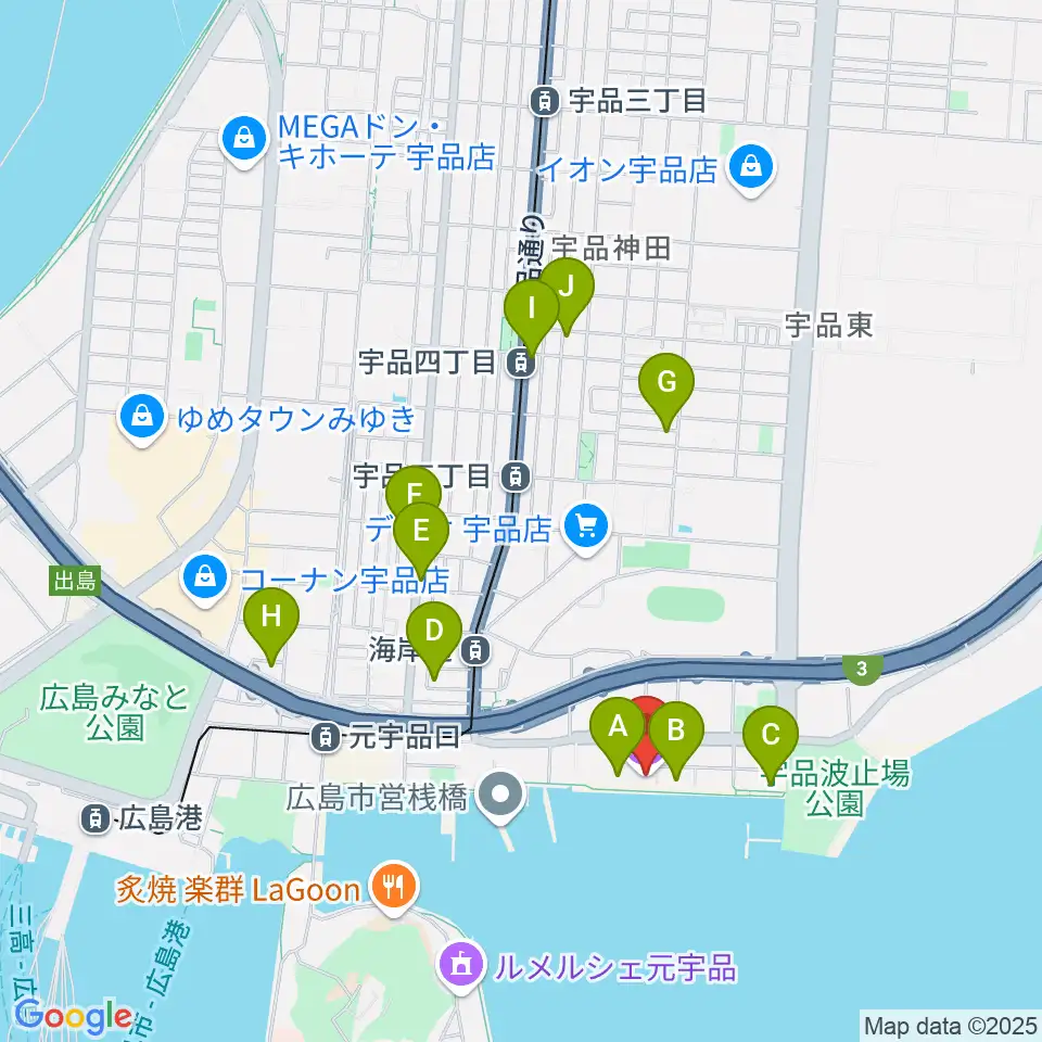 ブルーライブ広島周辺のカフェ一覧地図