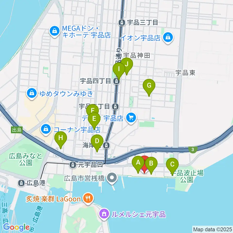 ブルーライブ広島周辺のカフェ一覧地図