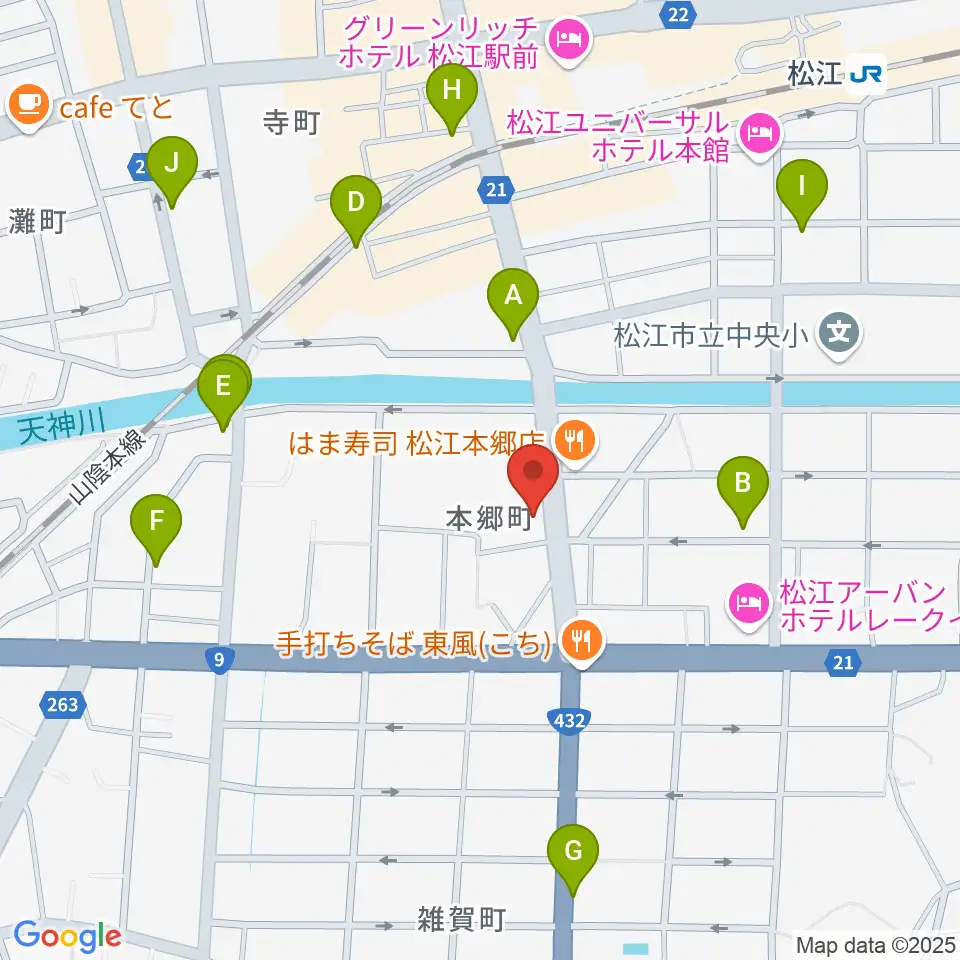 ヤマハパルス米子楽器社 松江店周辺のカフェ一覧地図