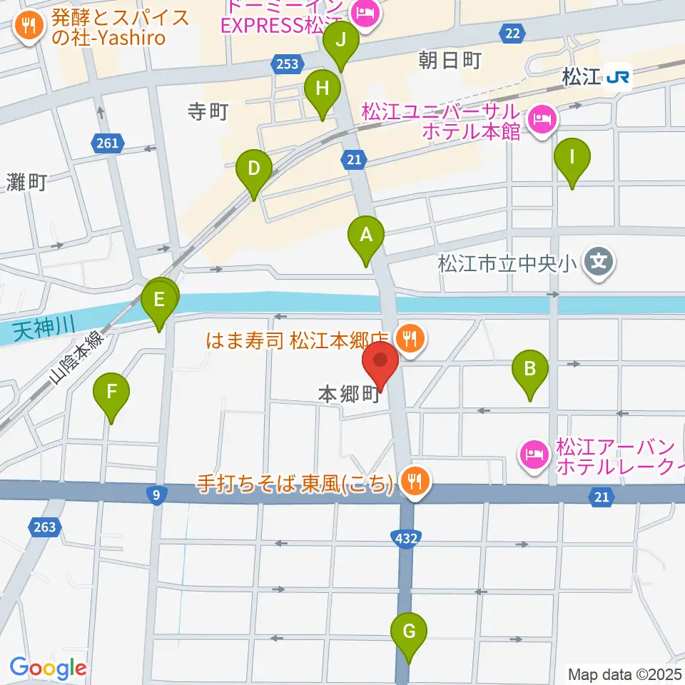 ヤマハパルス米子楽器社 松江店周辺のカフェ一覧地図