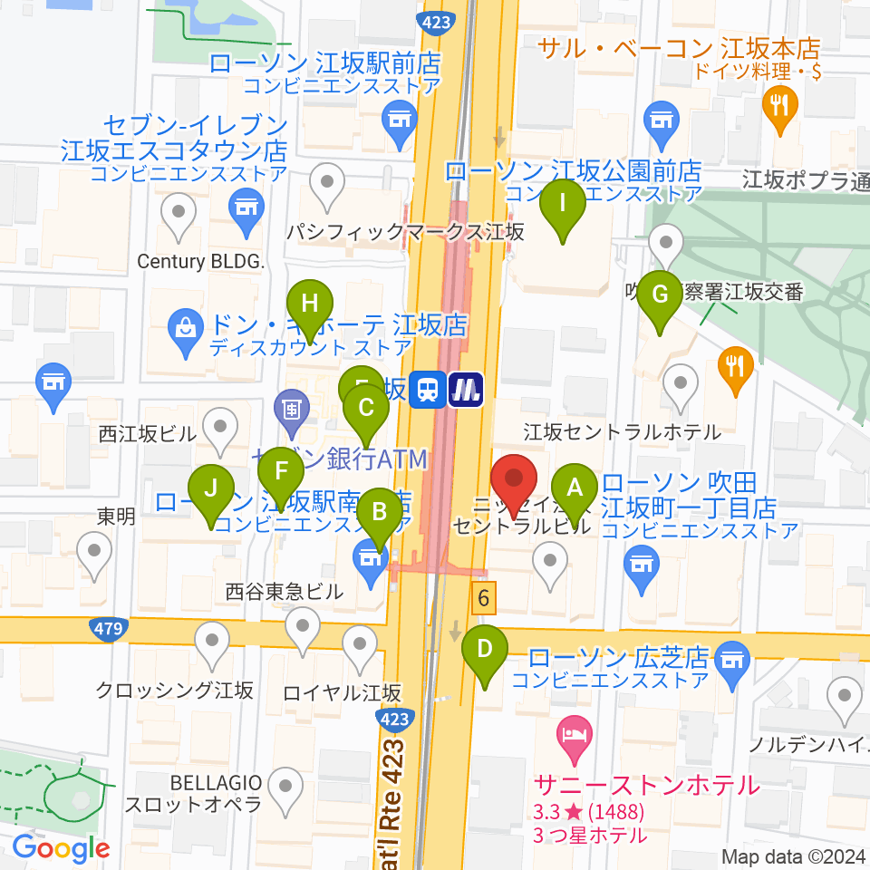 ドルフィンギターズ音楽教室 大阪江坂周辺のカフェ一覧地図