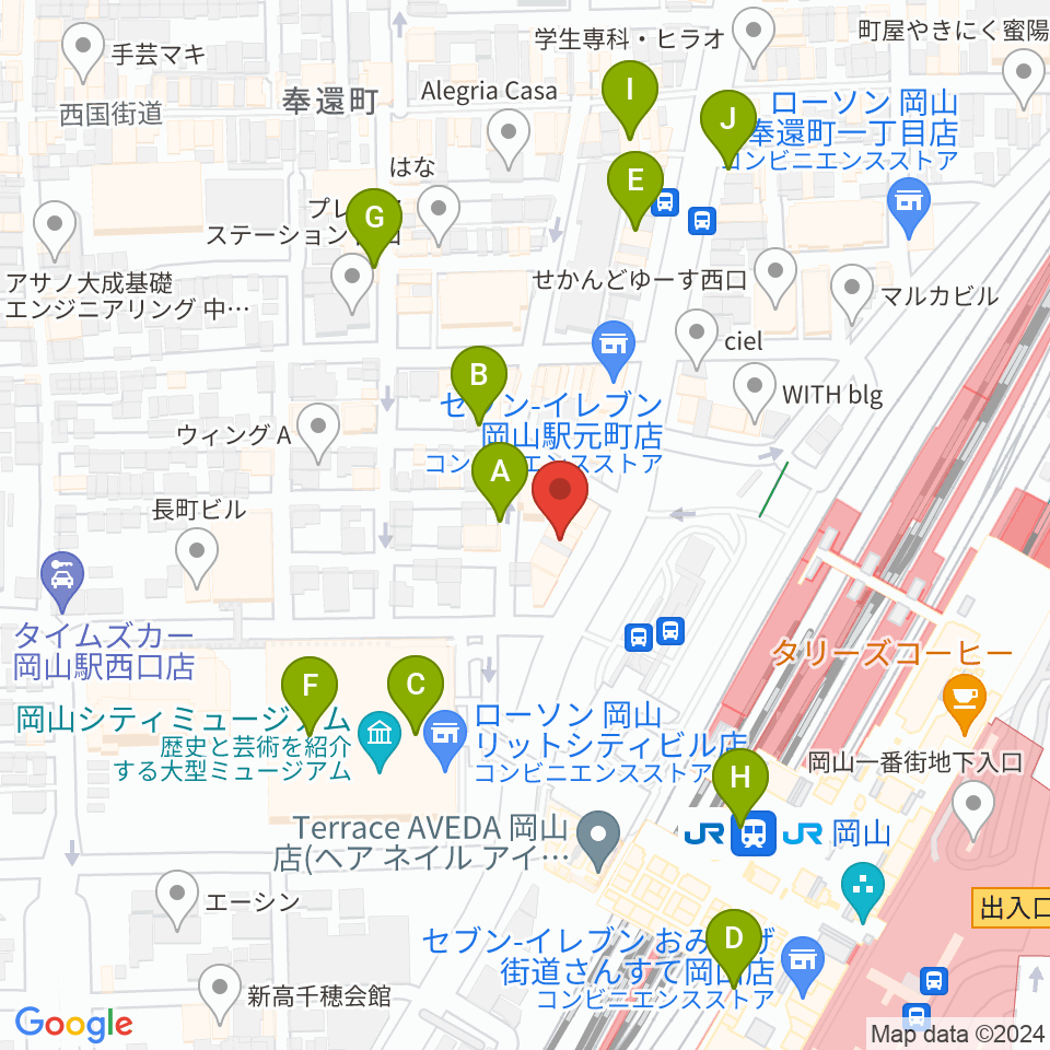 岡山新堀ギター音楽院 周辺のカフェ一覧地図