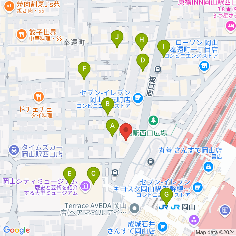 岡山新堀ギター音楽院 周辺のカフェ一覧地図