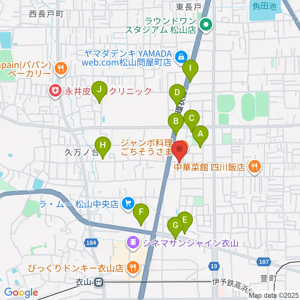 サウンドガーデンミュージックスクール松山本校周辺のカフェ一覧地図