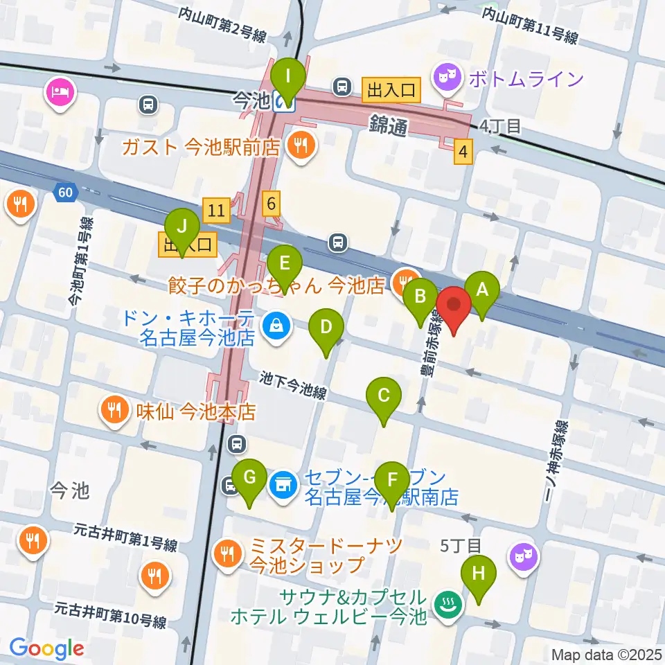 クラブナージ音楽教室 今池校周辺のカフェ一覧地図