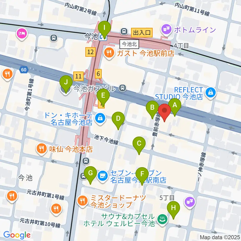 クラブナージ音楽教室 今池校周辺のカフェ一覧地図