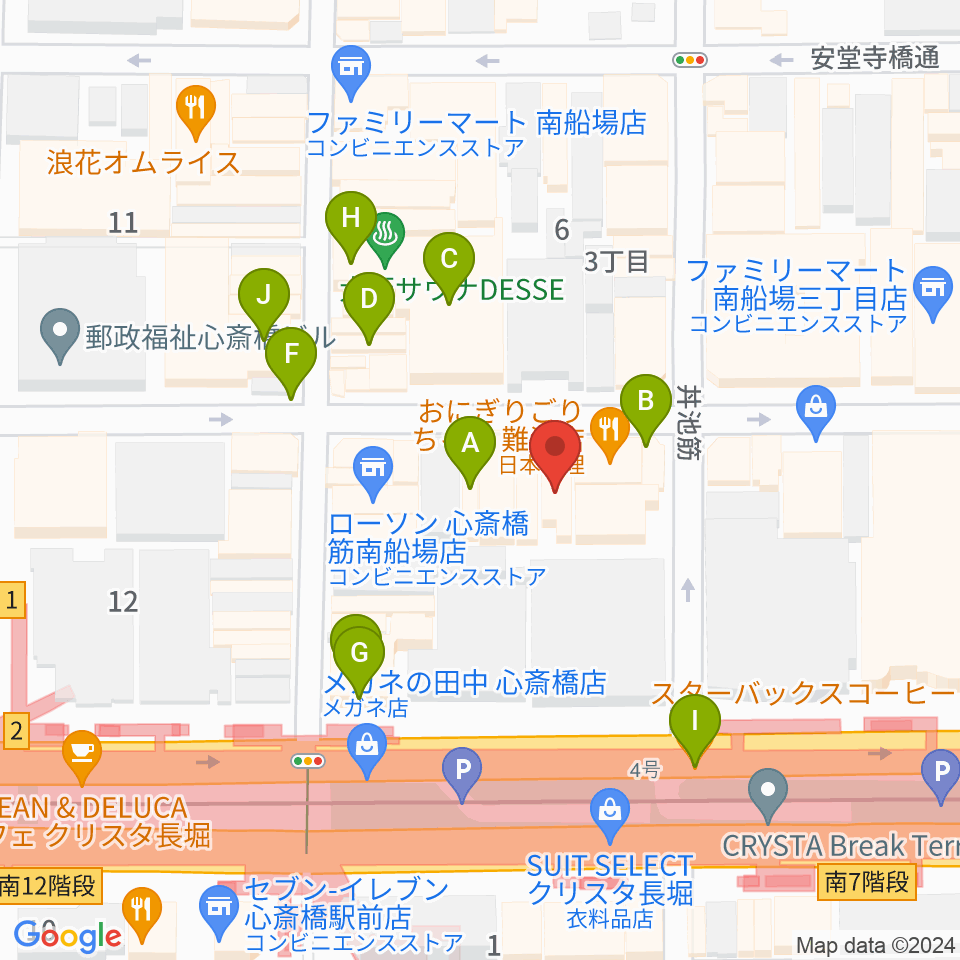 プラスミュージック心斎橋周辺のカフェ一覧地図