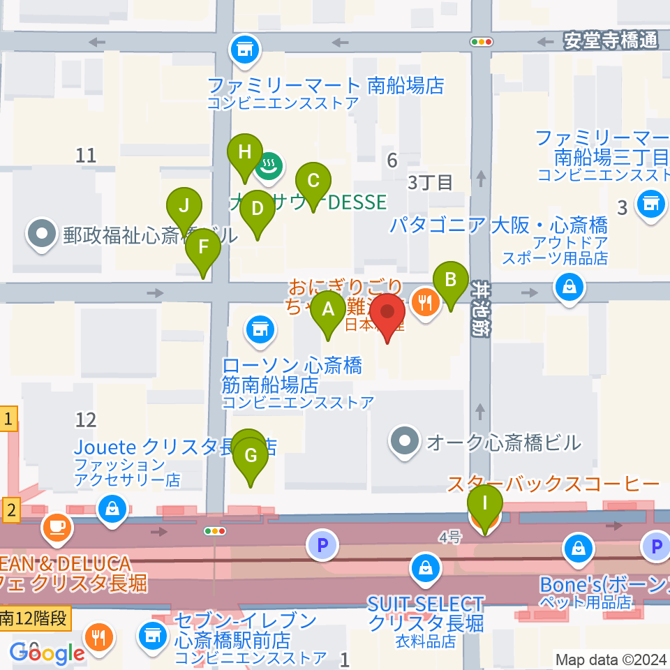 プラスミュージック心斎橋周辺のカフェ一覧地図