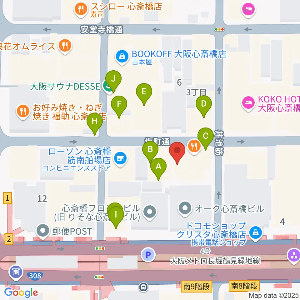 プラスミュージック心斎橋周辺のカフェ一覧地図