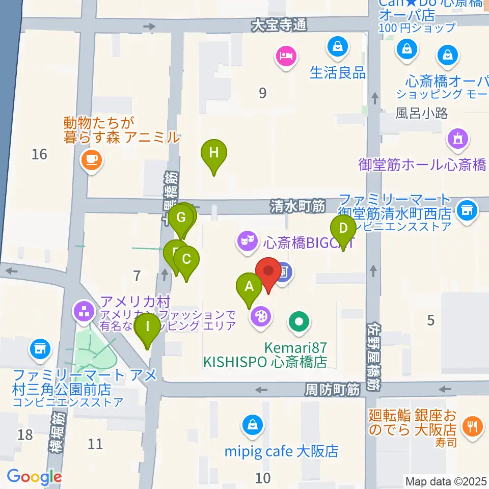 心斎橋BIGCAT周辺のカフェ一覧地図