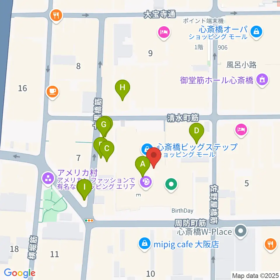 心斎橋BIGCAT周辺のカフェ一覧地図
