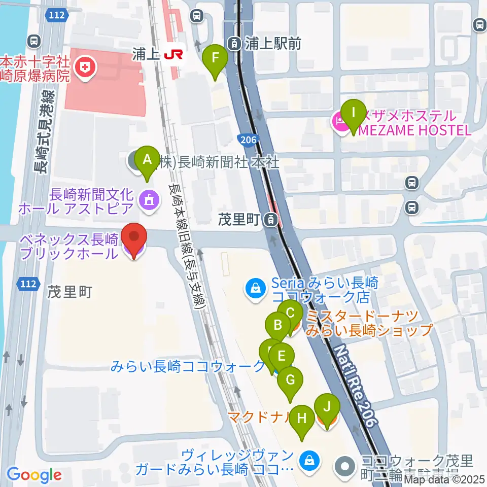 ベネックス長崎ブリックホール周辺のカフェ一覧地図