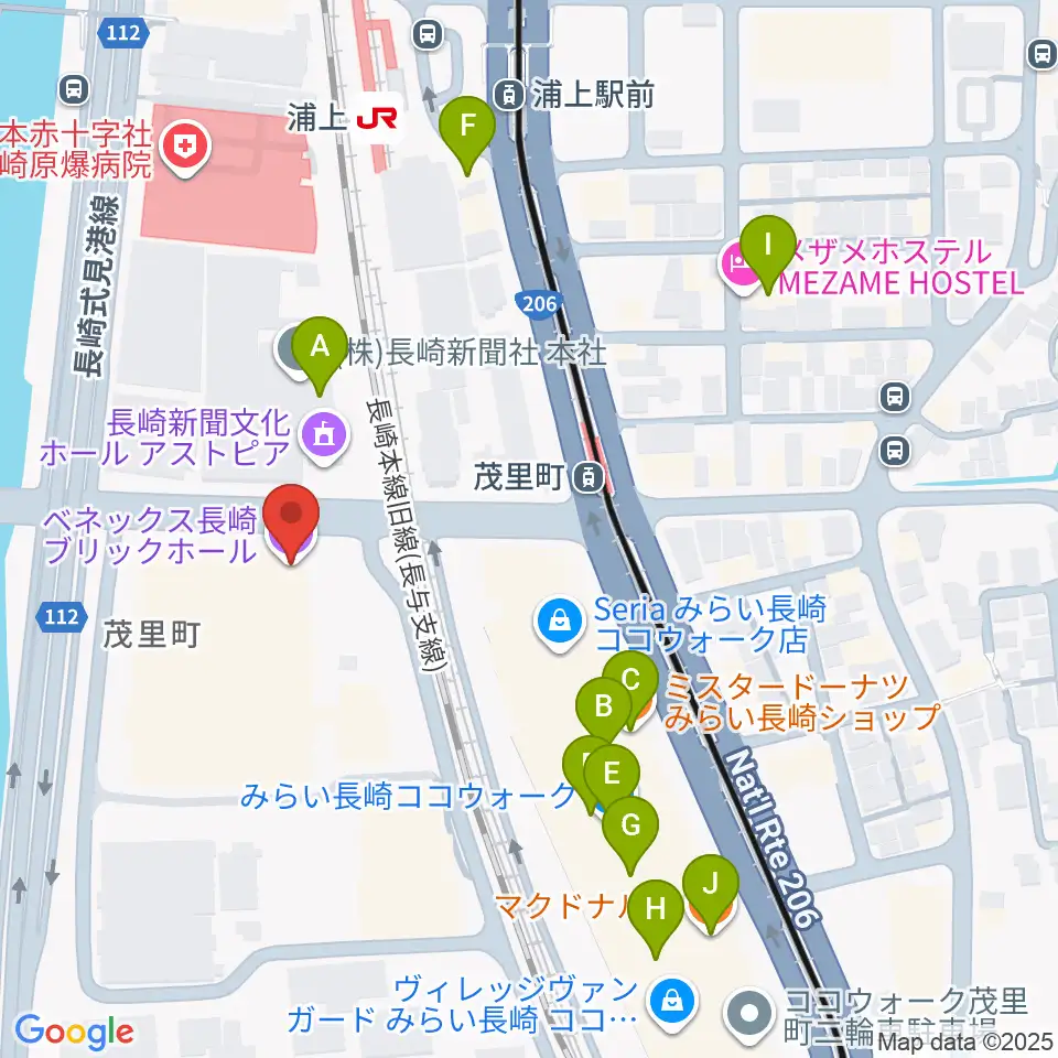 ベネックス長崎ブリックホール周辺のカフェ一覧地図