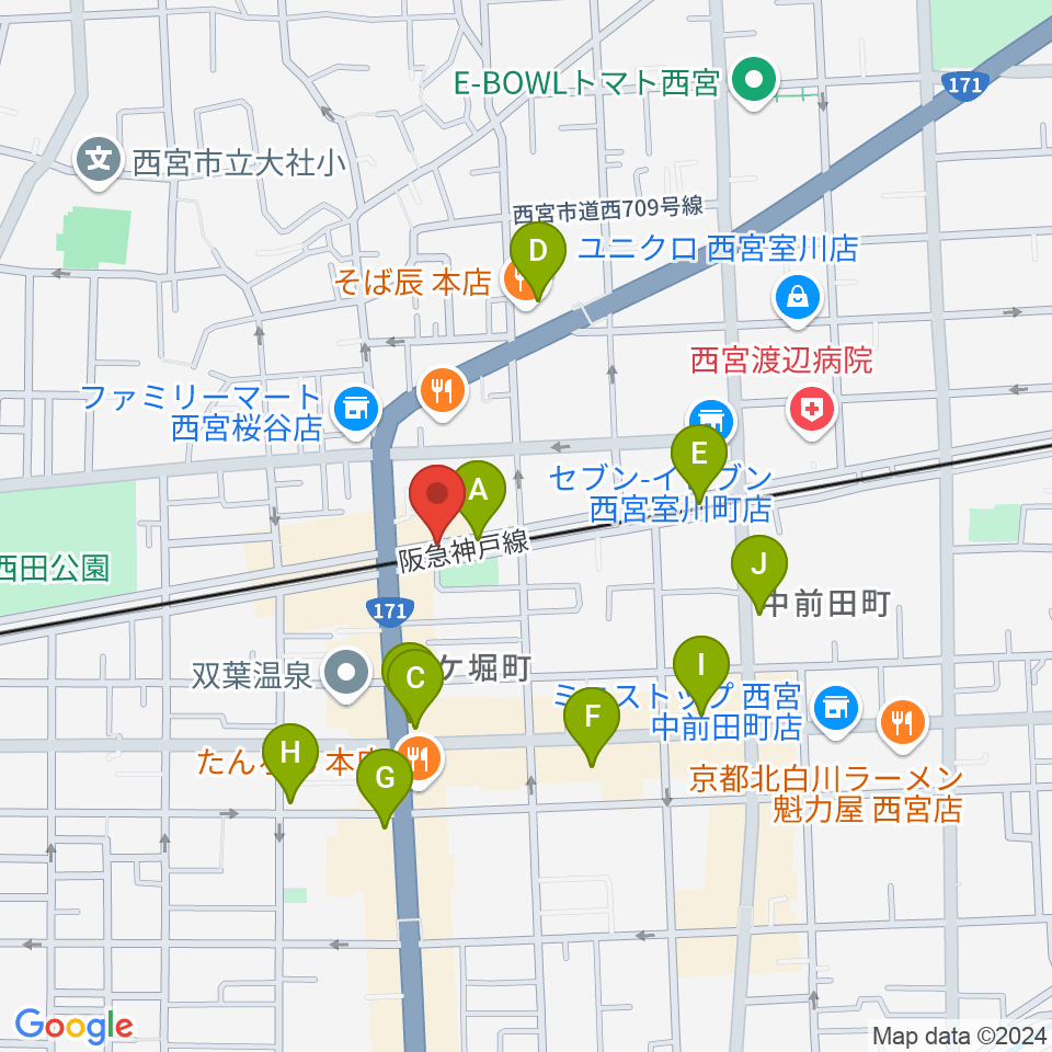 西宮モンジャクシン周辺のカフェ一覧地図