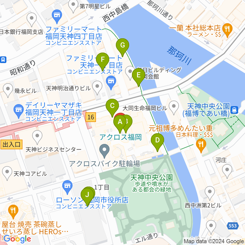 アクロス福岡周辺のカフェ一覧地図