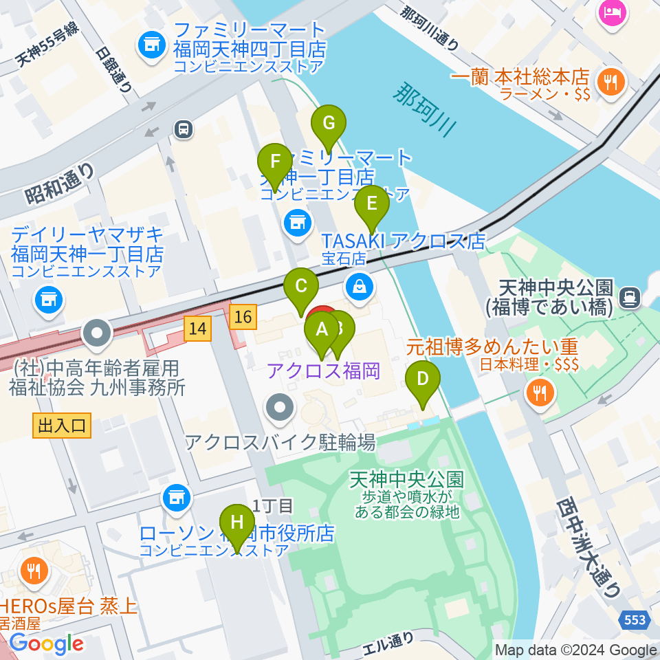 アクロス福岡周辺のカフェ一覧地図