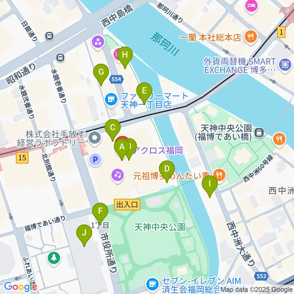 アクロス福岡周辺のカフェ一覧地図