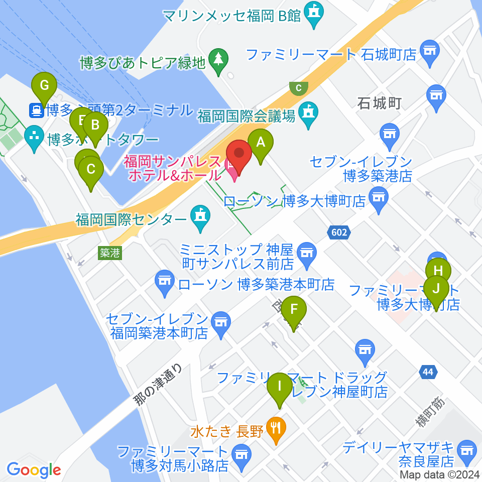 福岡サンパレス ホテル＆ホール周辺のカフェ一覧地図