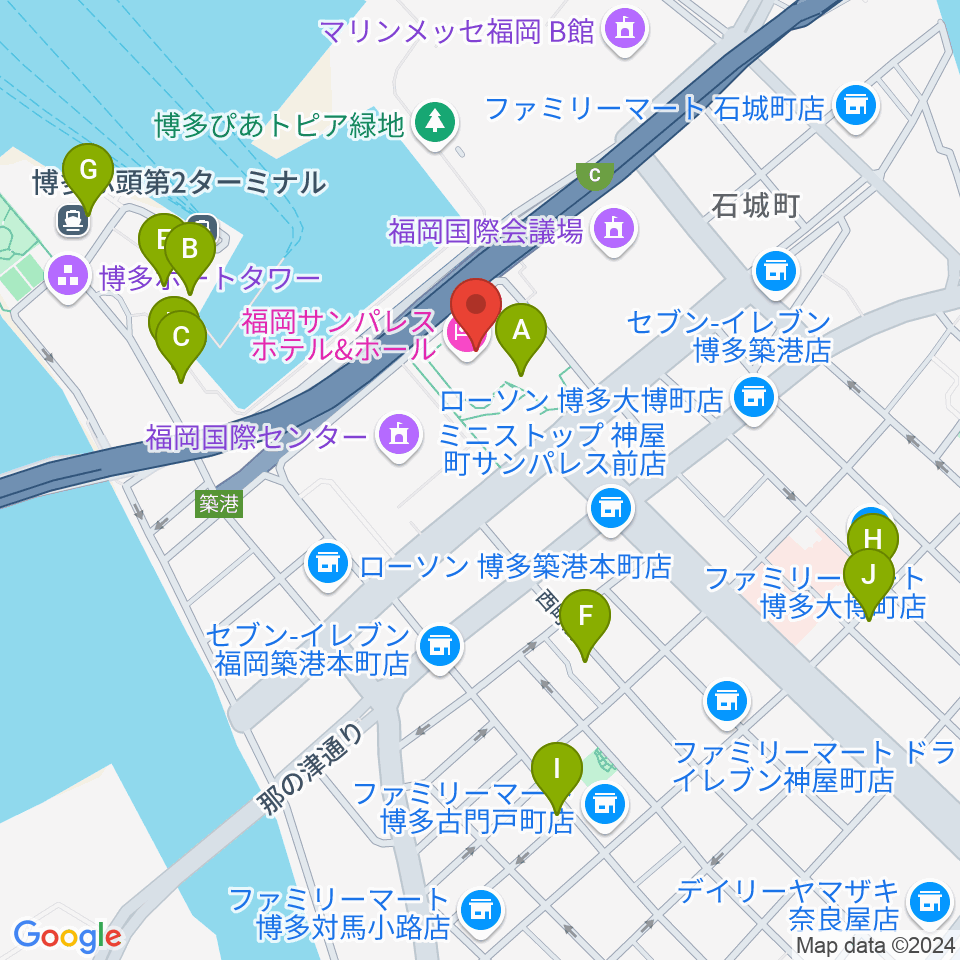 福岡サンパレス ホテル＆ホール周辺のカフェ一覧地図