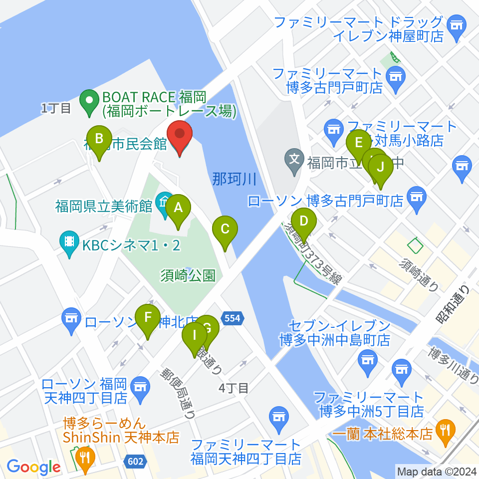 福岡市民会館周辺のカフェ一覧地図