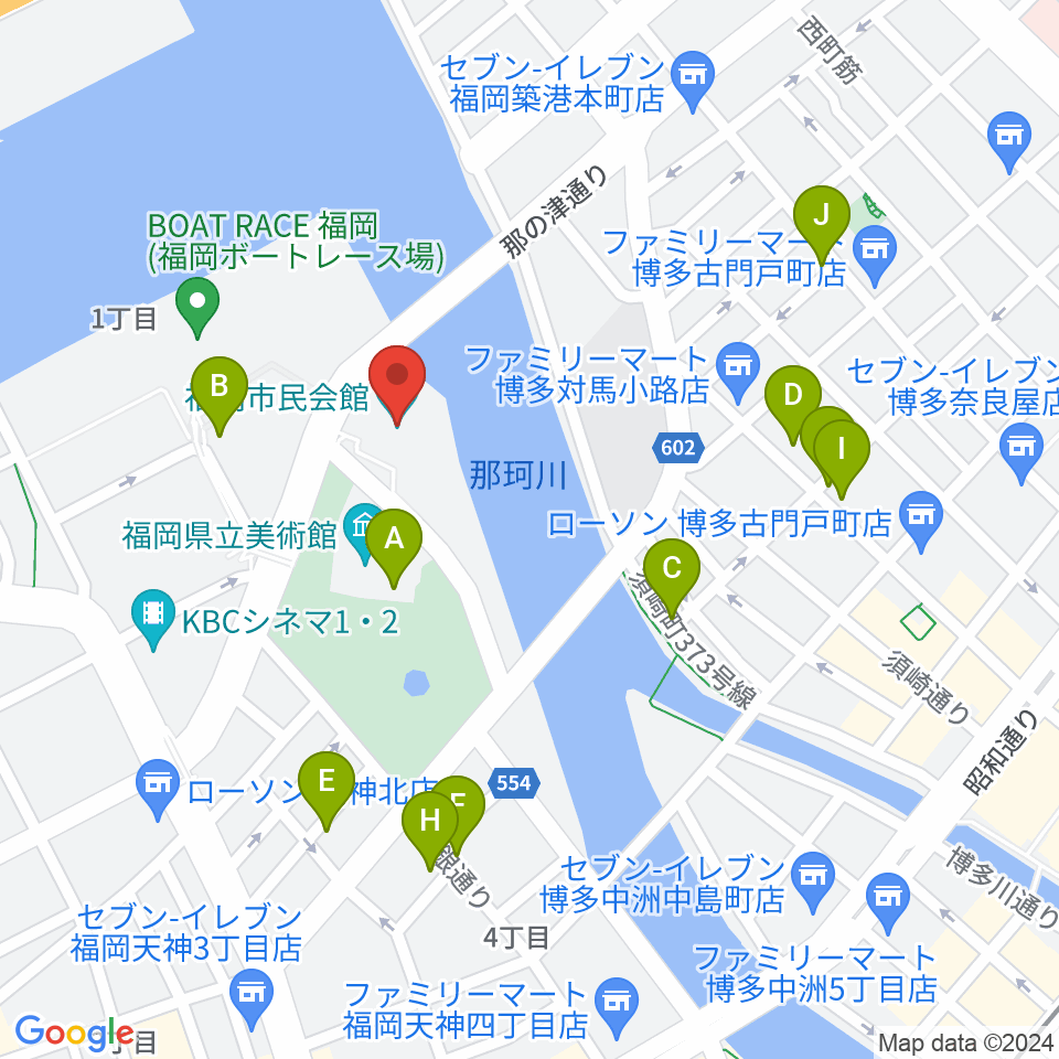 福岡市民会館周辺のカフェ一覧地図