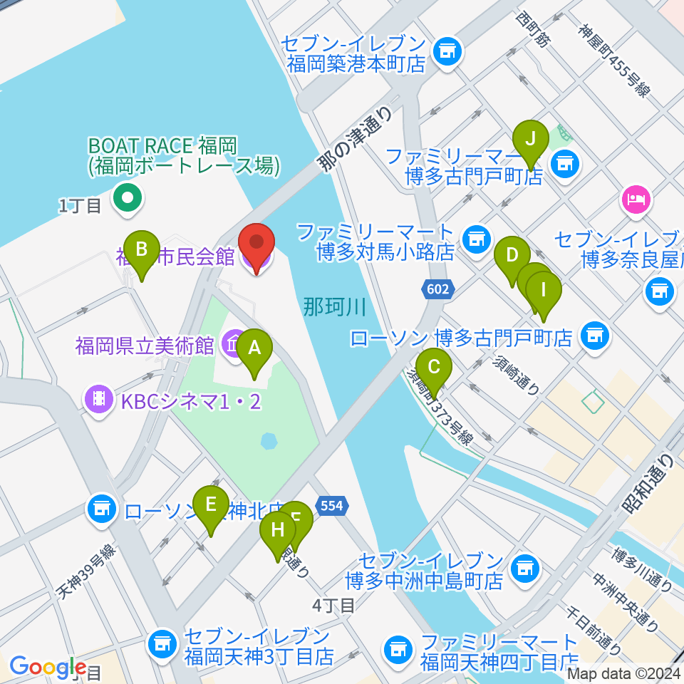 福岡市民会館周辺のカフェ一覧地図