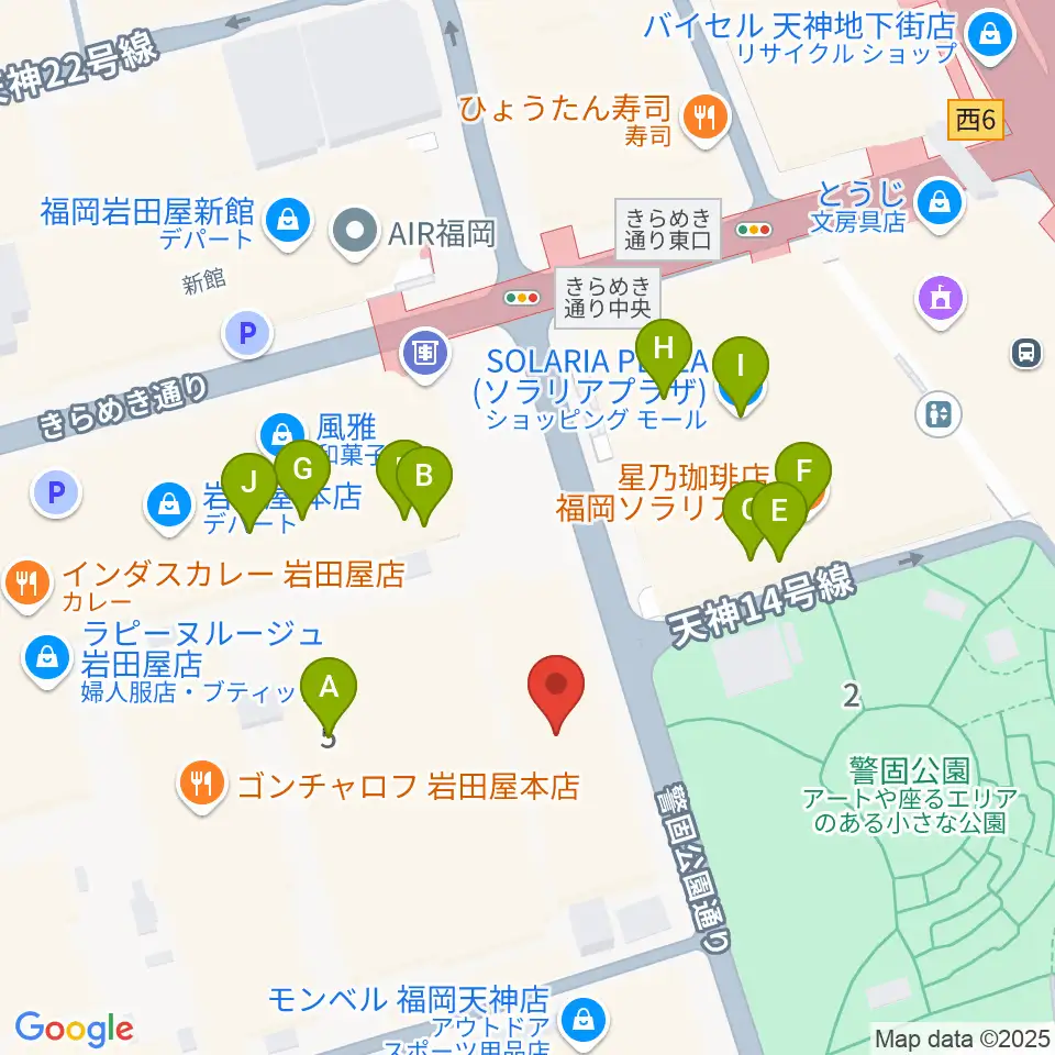 レソラNTT夢天神ホール周辺のカフェ一覧地図