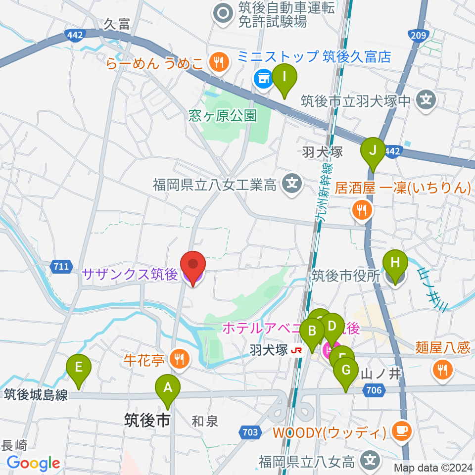 サザンクス筑後周辺のカフェ一覧地図