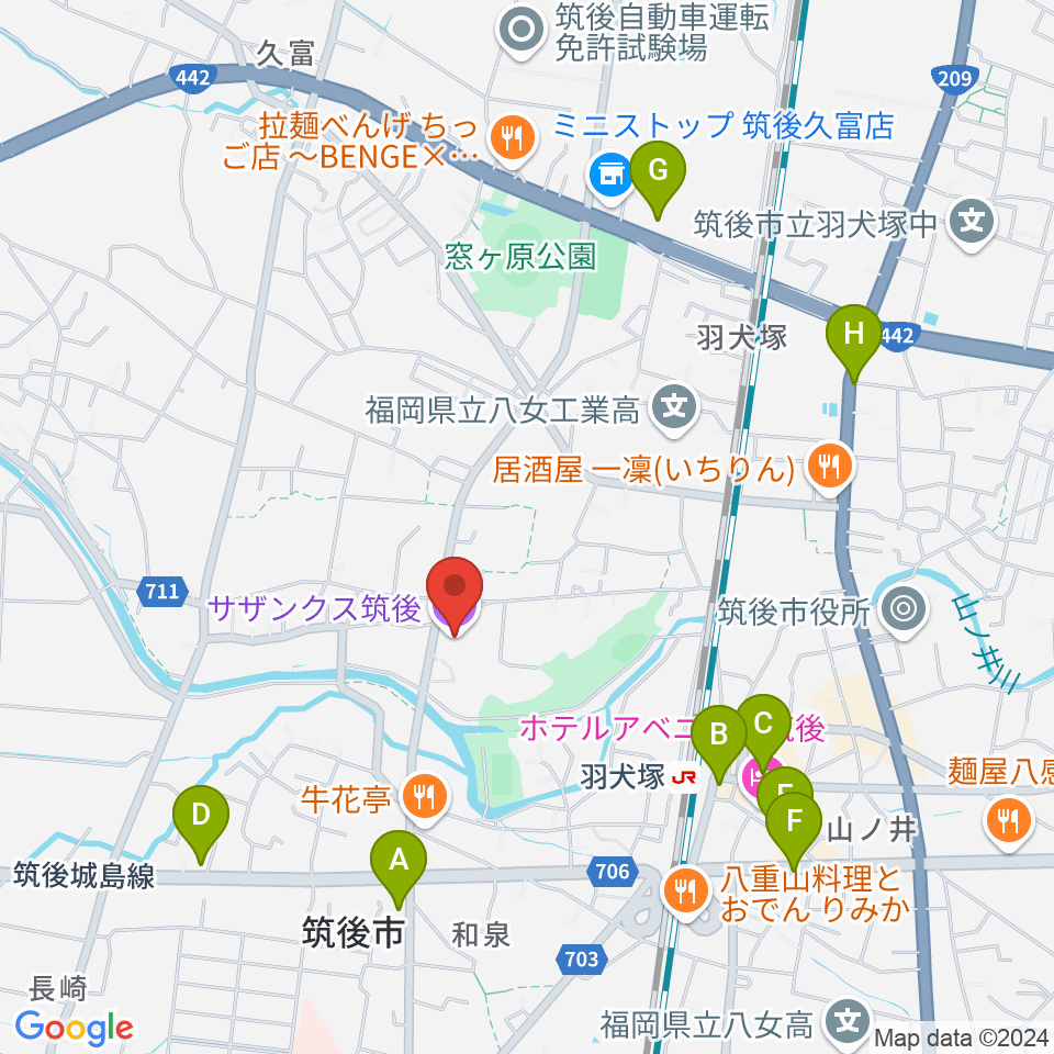 サザンクス筑後周辺のカフェ一覧地図