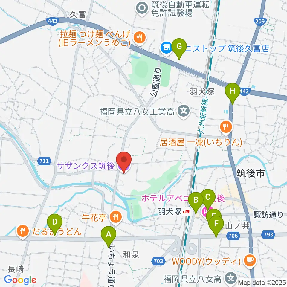 サザンクス筑後周辺のカフェ一覧地図