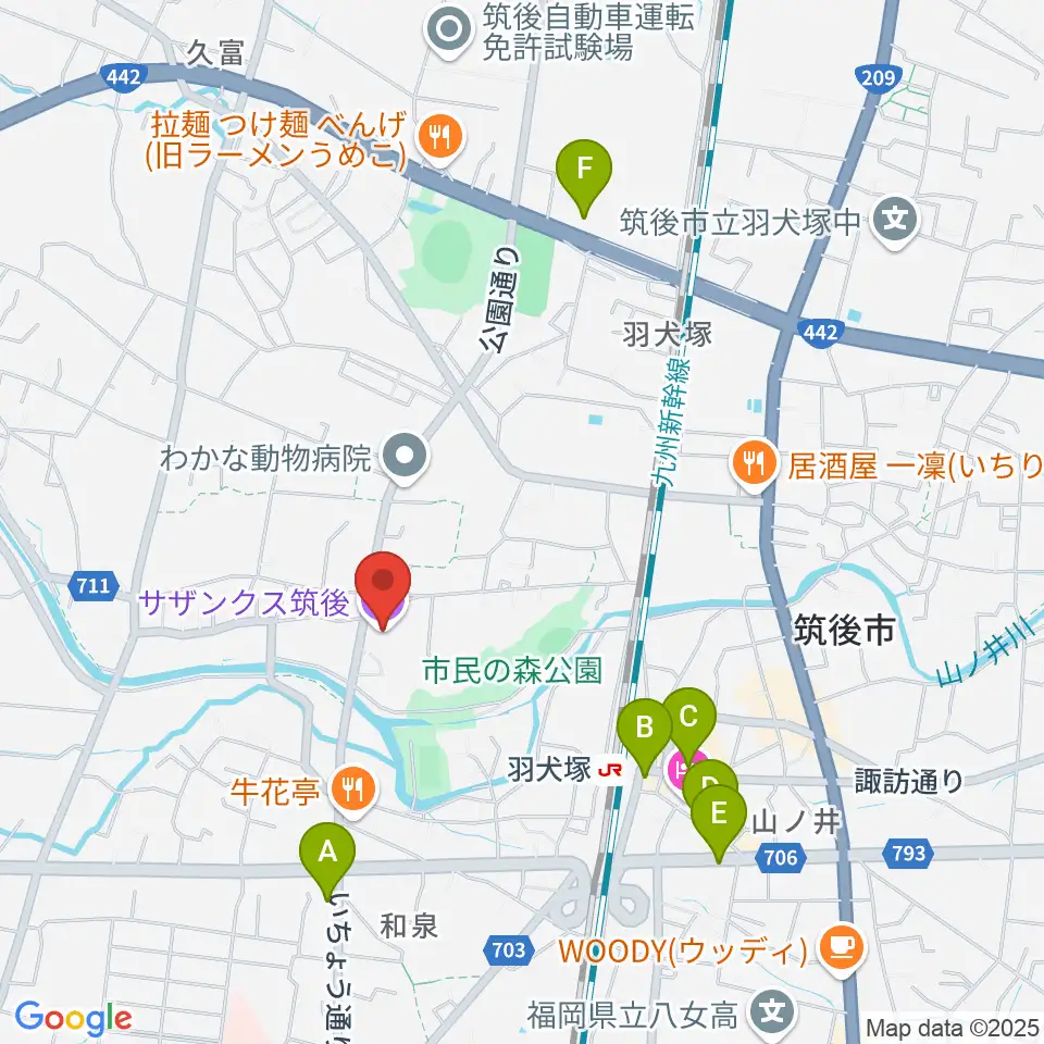 サザンクス筑後周辺のカフェ一覧地図