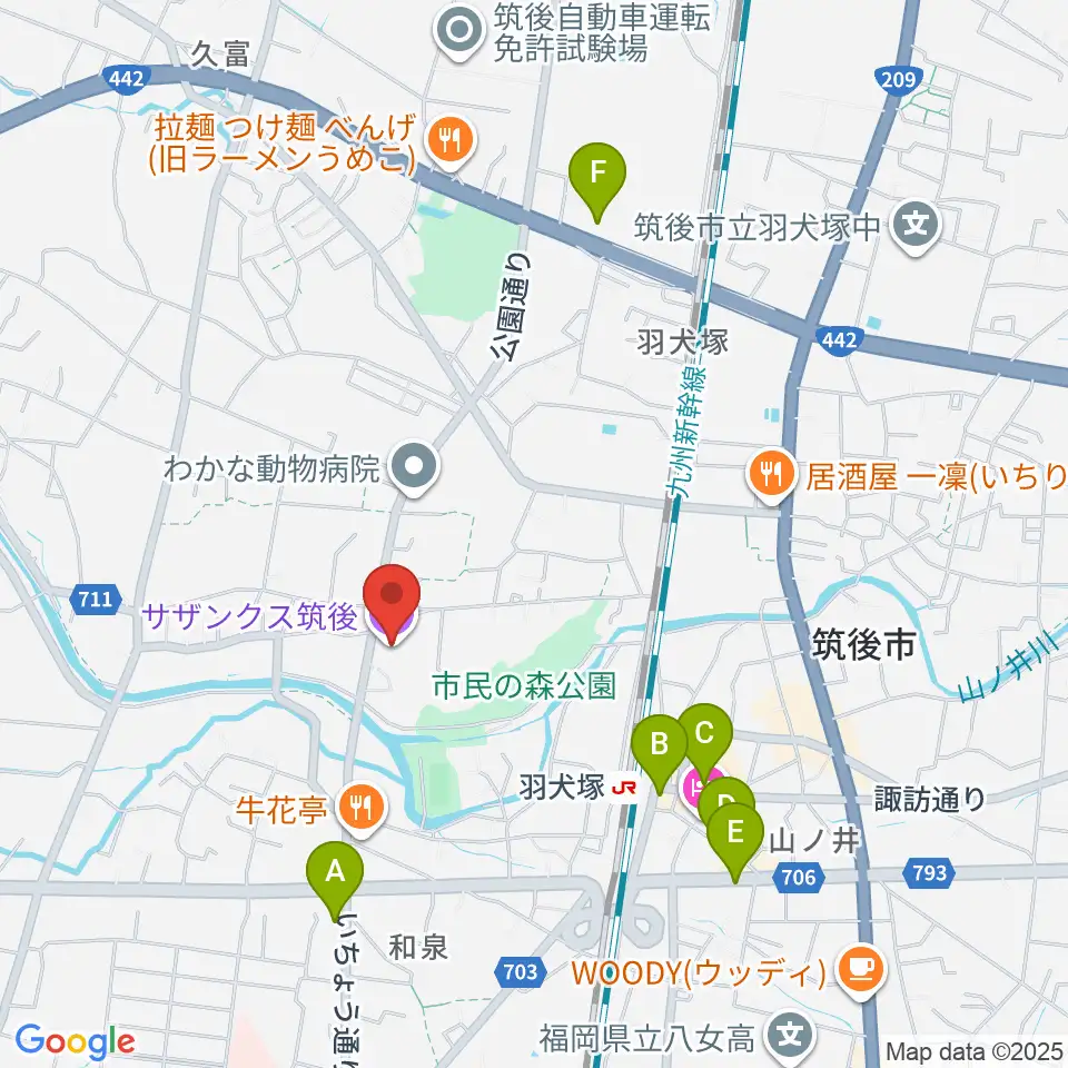 サザンクス筑後周辺のカフェ一覧地図