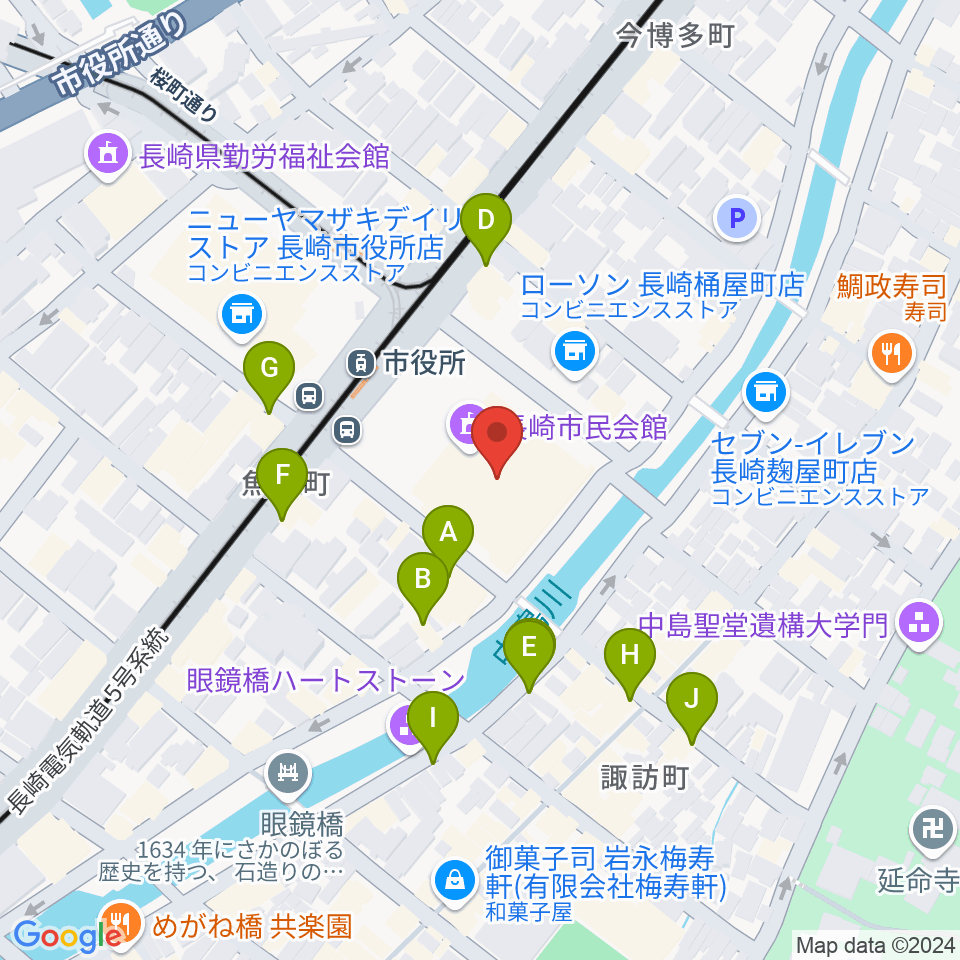 長崎市民会館周辺のカフェ一覧地図