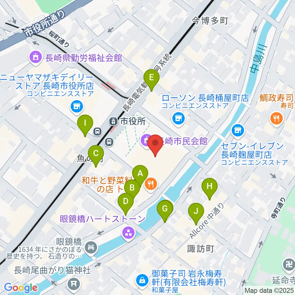 長崎市民会館周辺のカフェ一覧地図
