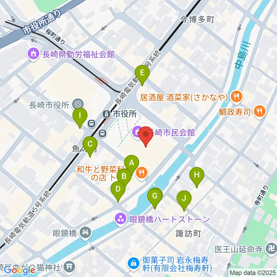 長崎市民会館周辺のカフェ一覧地図