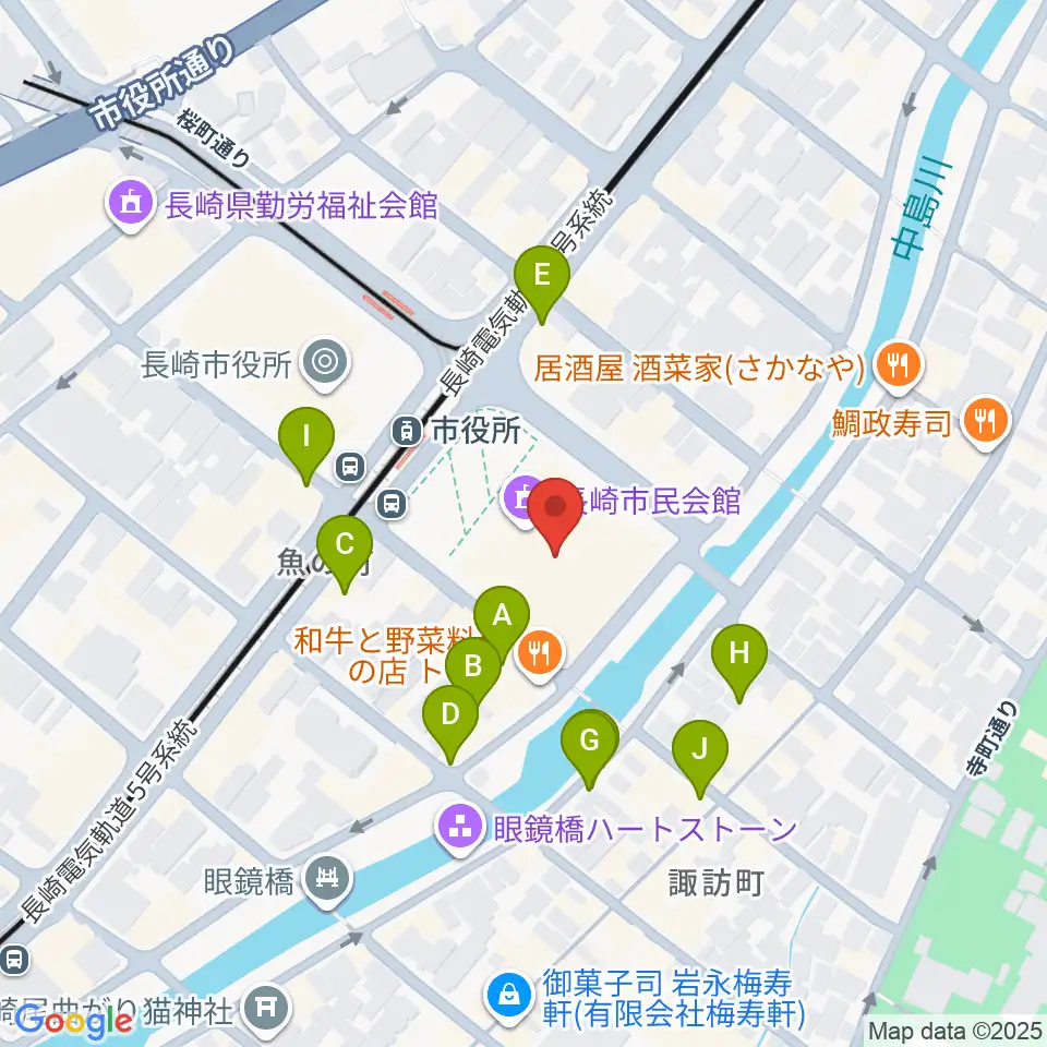 長崎市民会館周辺のカフェ一覧地図