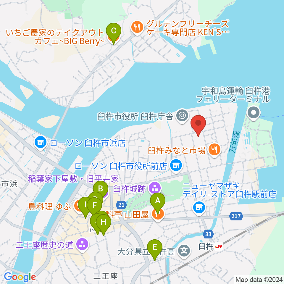 臼杵市民会館周辺のカフェ一覧地図