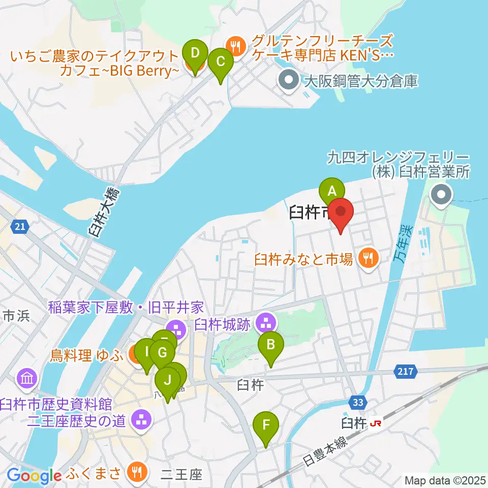 臼杵市民会館周辺のカフェ一覧地図