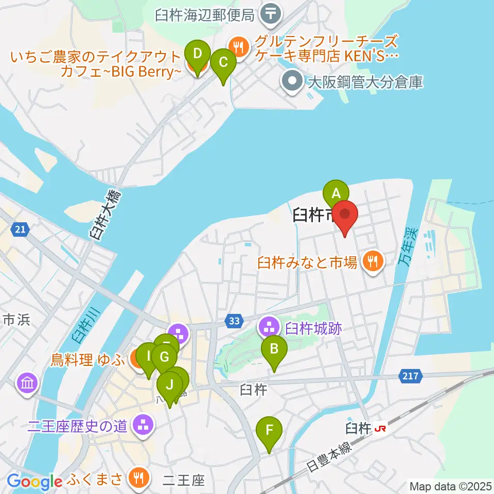 臼杵市民会館周辺のカフェ一覧地図