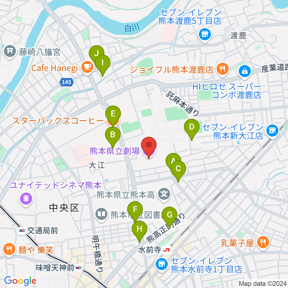 熊本県立劇場周辺のカフェ一覧地図