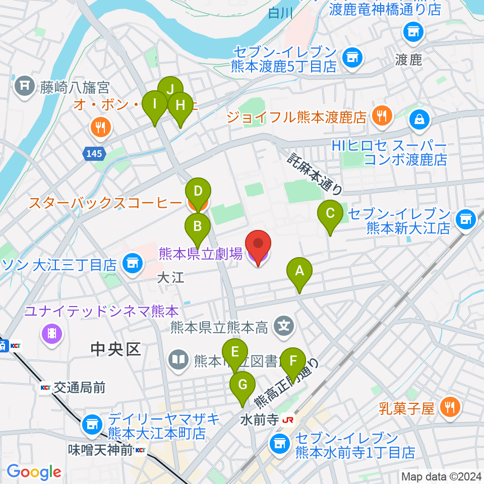 熊本県立劇場周辺のカフェ一覧地図